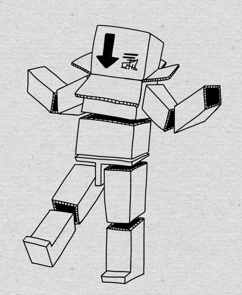 A humanoid made up of cardboard boxes.